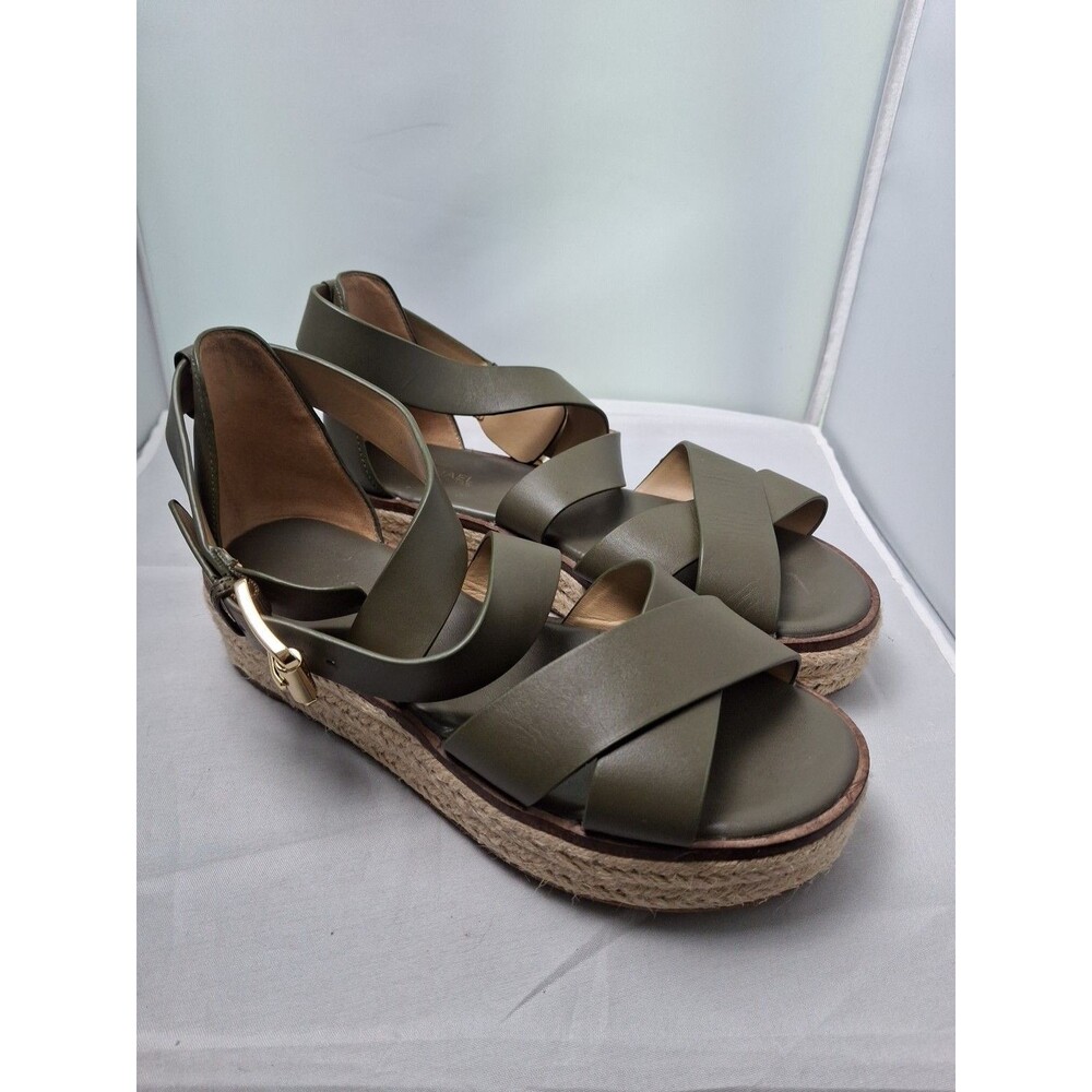 MICHAEL KORS Olive Green Strappy Espadrille Wedge Sandals Size 6.5 M